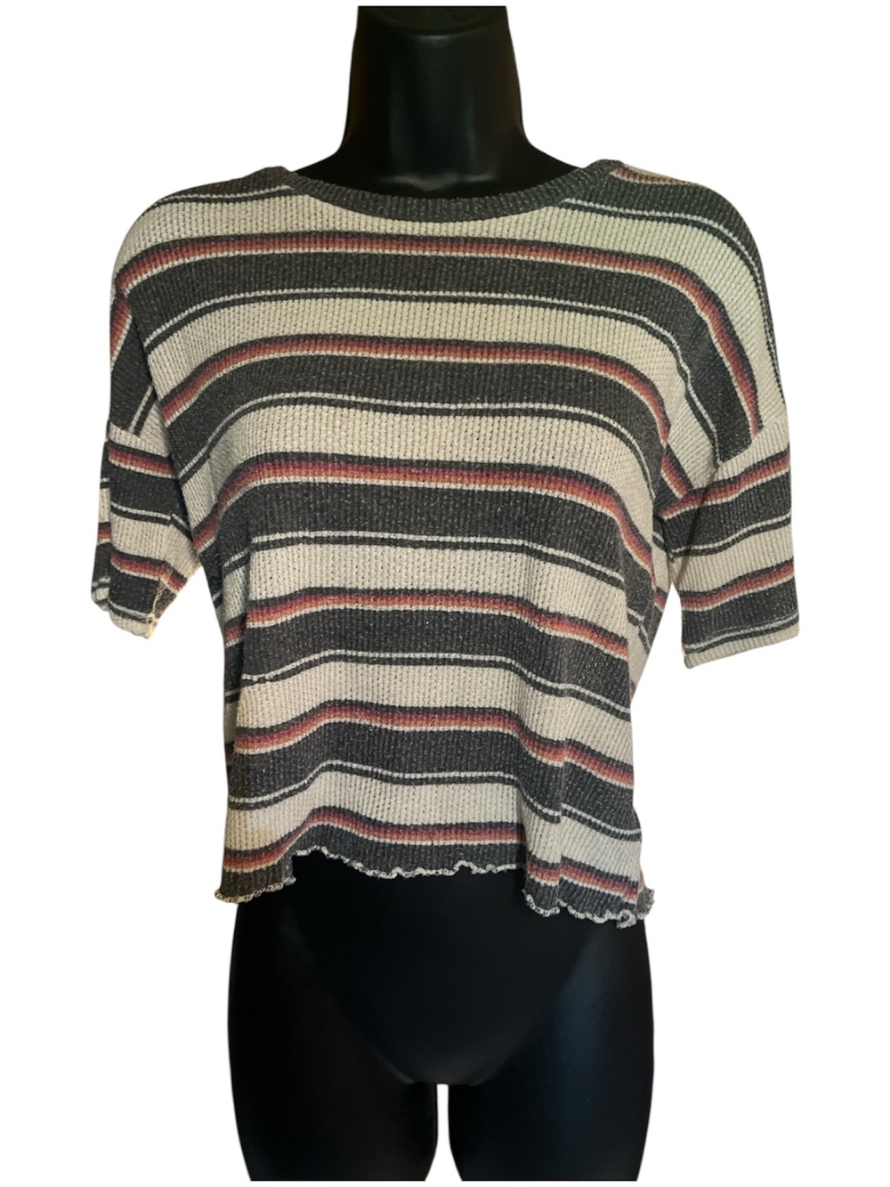 American Eagle Outfitters Striped Short Sleeve Crop Top in Cream, Black and Rust